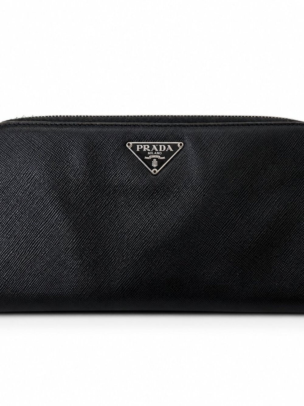 Authentic Prada Saffiano Leather Zip Around Wallet Black Silver Logo